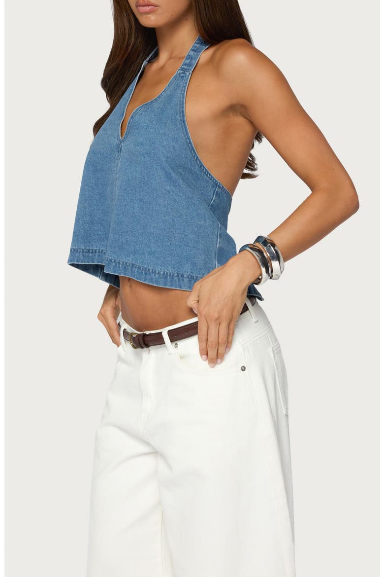 Teddie Backless Denim Halter Top, Alternate, color, BLUE-WASHED