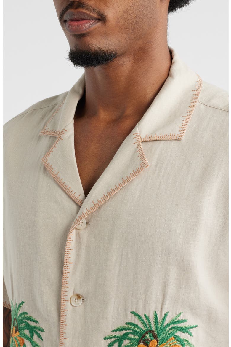 Palm Tree Linen Blend Button-Up Shirt, Alternate, color, BEIGE