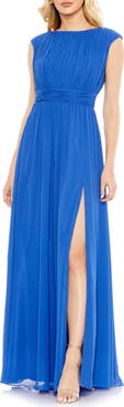 Ieena for Mac Duggal Pleated Bateau Cap Sleeve A Line Gown