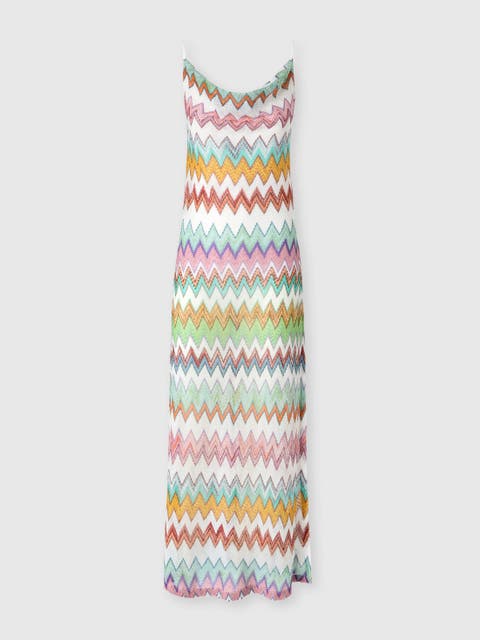 Long Cover-up In Lamé Viscose With Macro Zigzag Pattern And Slits