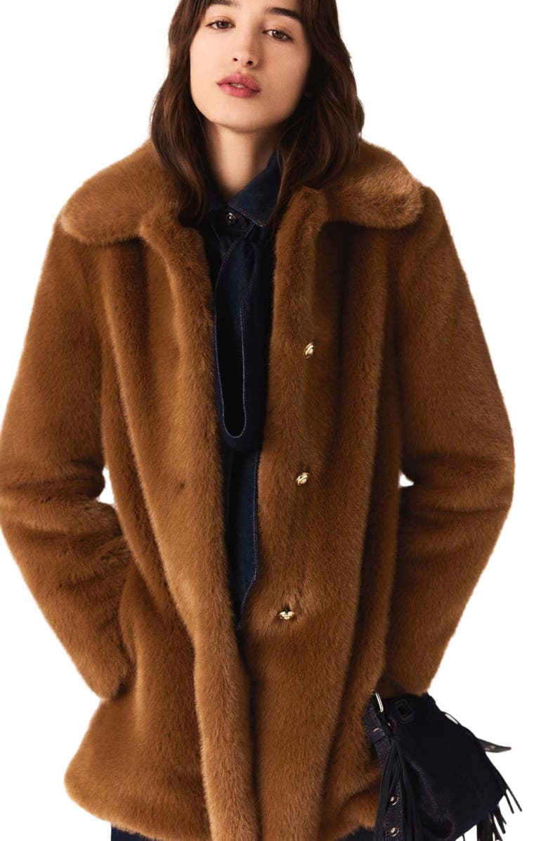 maje Mid-length faux fur coat, Alternate, color, Brown
