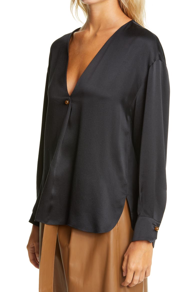 V-Neck Ball Button Silk Blouse, Alternate, color, BLACK
