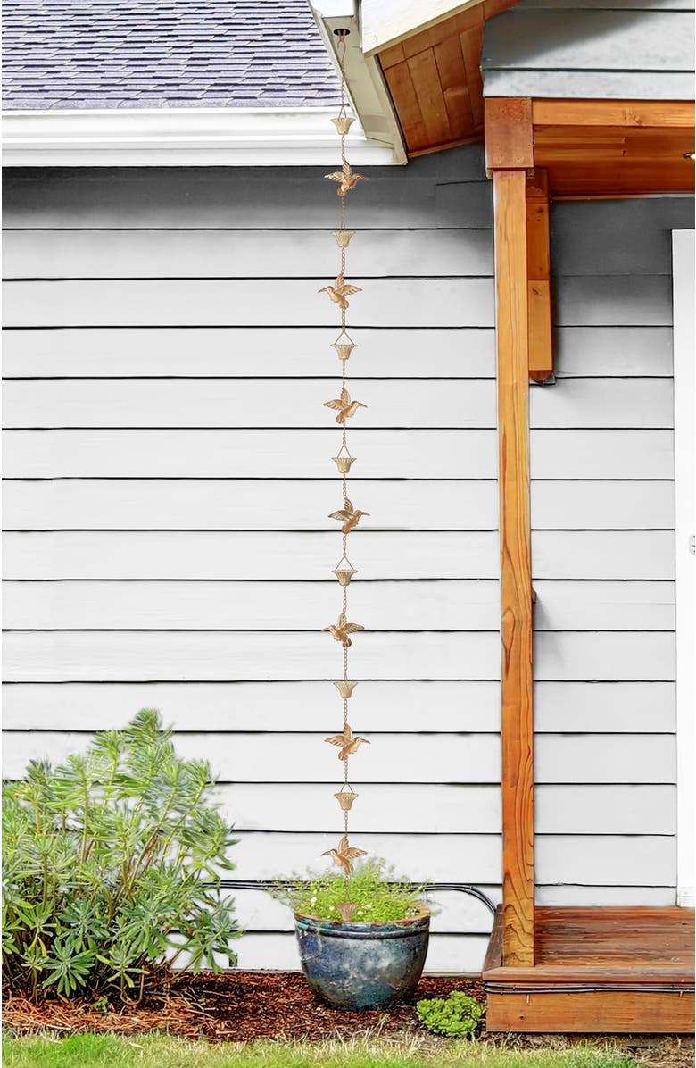 Glitzhome 8.5ft 15-Piece Faux Copper Patina Finish Bird and Cup Shaped Rain Chain with V-Shaped Gutter Clip, Alternate, color, Gold