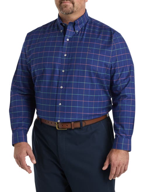 Brooks Brothers Stretch Cotton Non-iron Oxford Polo Button Down Collar Multi Windowpane Shirt In Navy Multi
