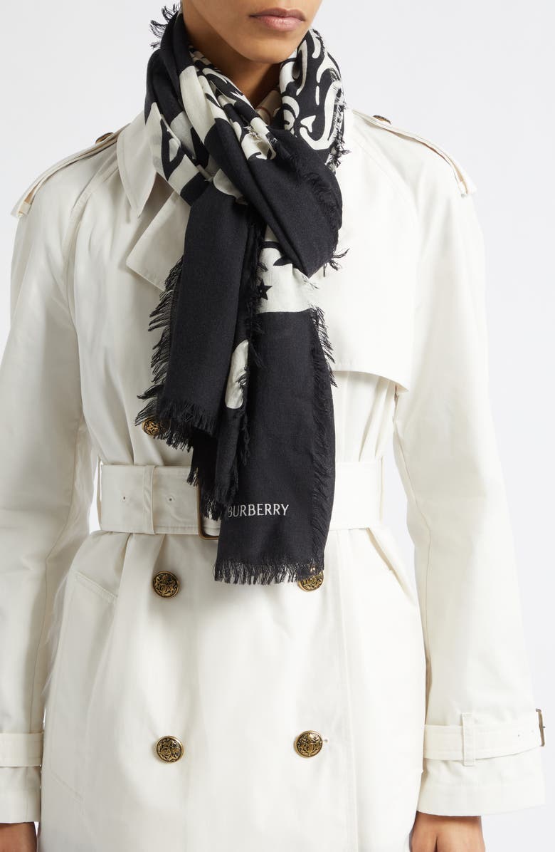 Burberry Large EKD Wool Scarf, Alternate, color, Black/ Calico