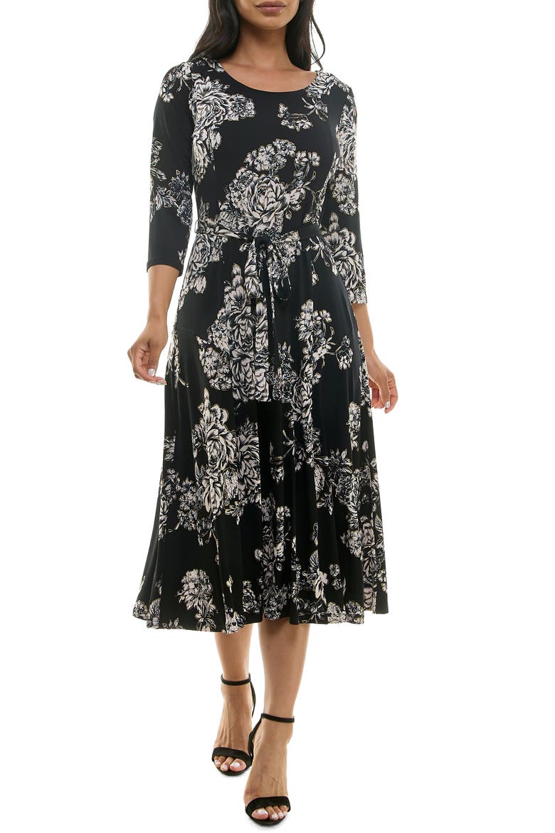 Sylvia Floral A-Line Midi Dress, Main, color, BLACK/ TAN FOIL