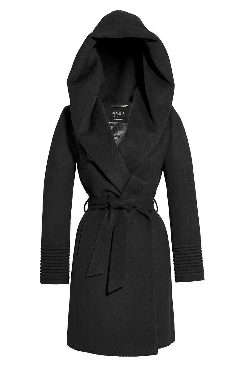 Hooded Alpaca & Wool Wrap Coat, Alternate, color, BLACK
