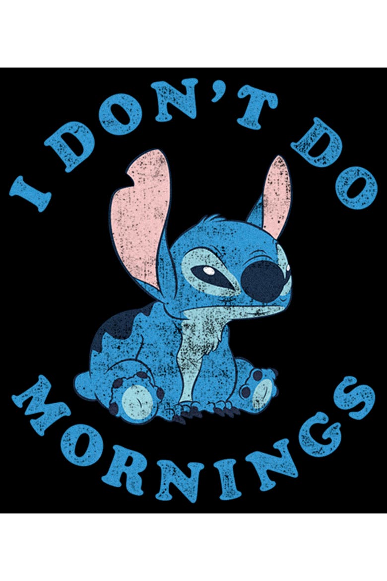 Girl's Lilo & Stitch I Don't Do Mornings Stitch Distressed  Graphic T-Shirt, Alternate, color, Black