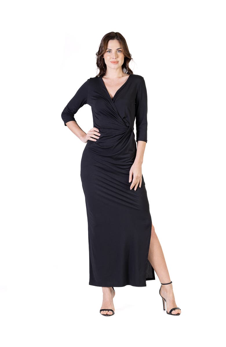 24seven Comfort Apparel Fitted V-Neck Side Slit Maxi Dress, Main, color, Black