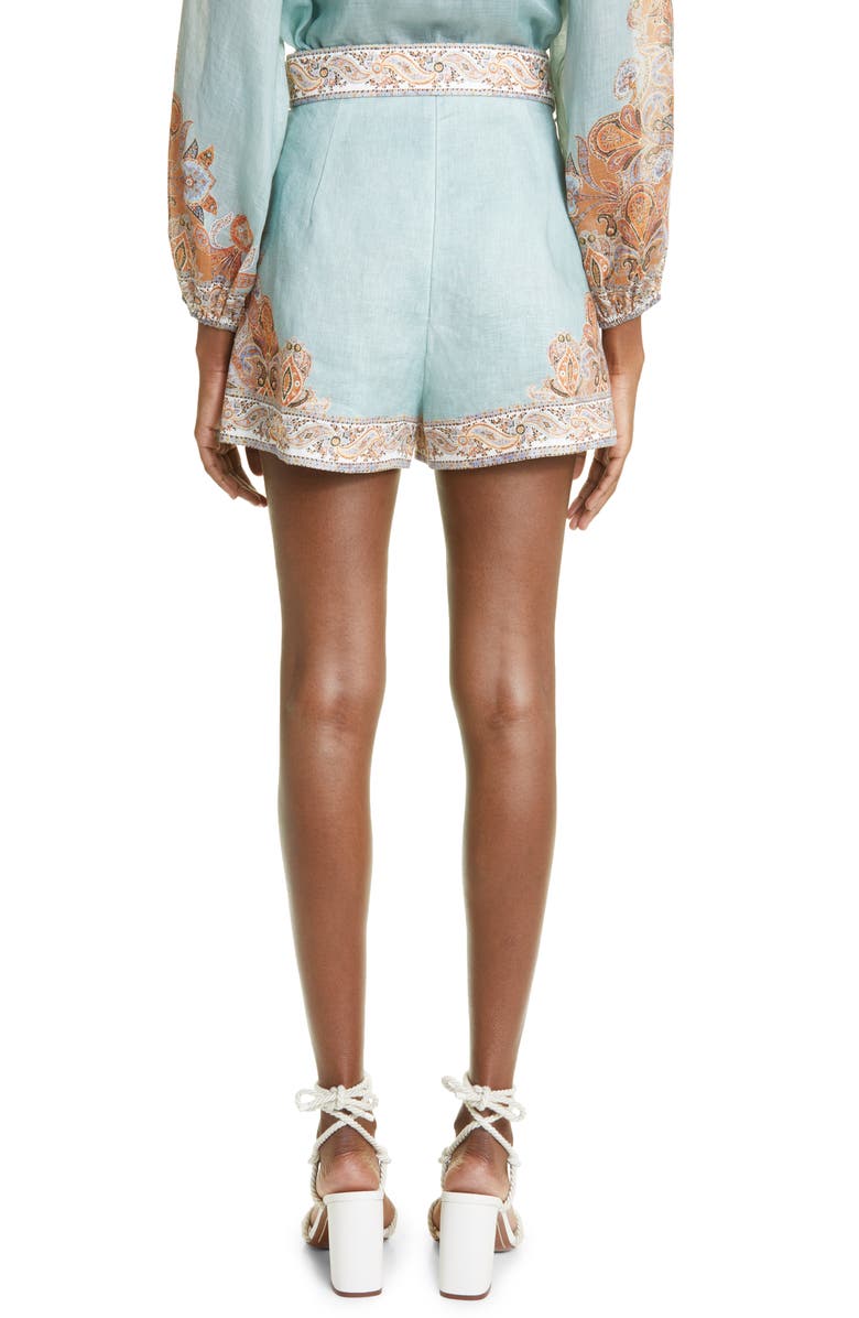 Zimmermann Devi Paisley Detail Belted Linen Shorts, Alternate, color, 