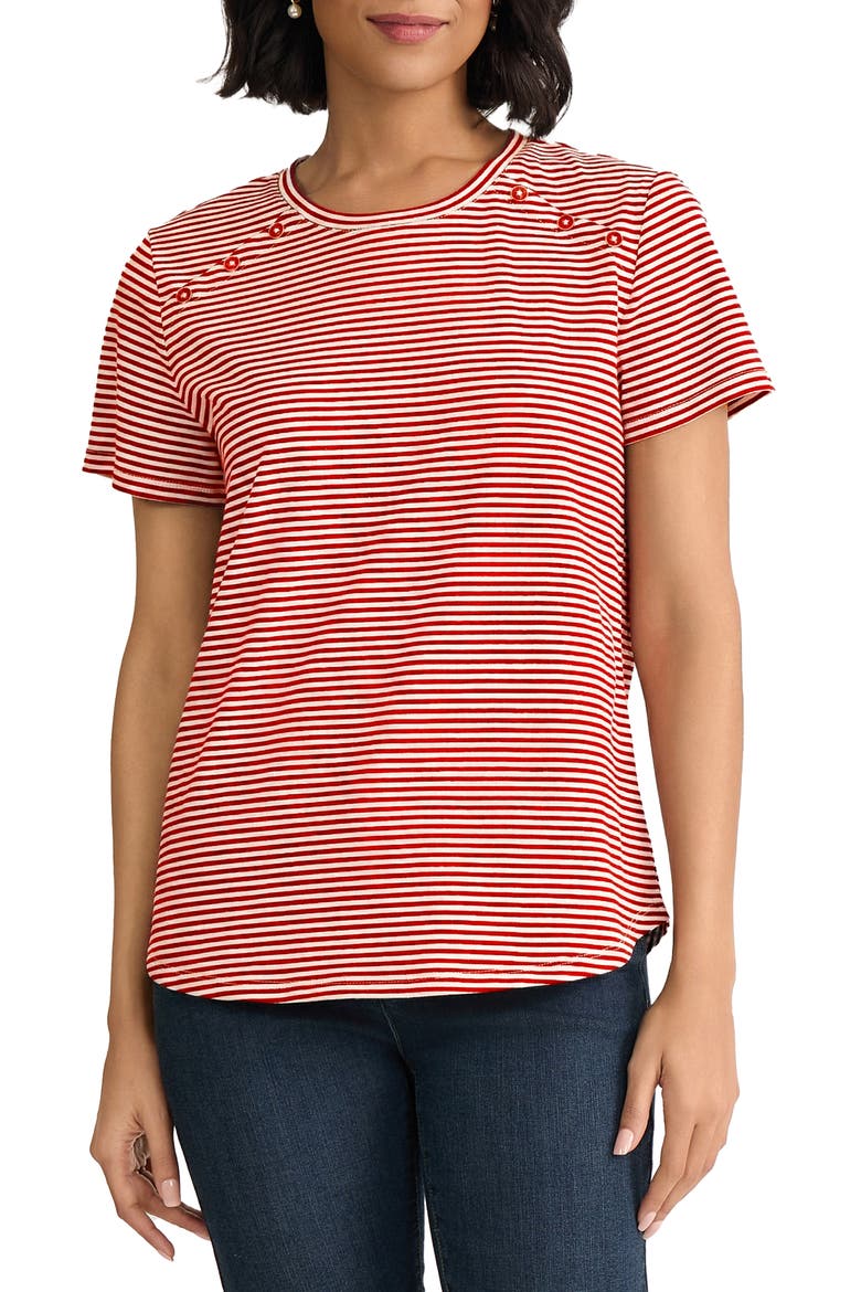 Button Shoulder Stripe Stretch Cotton T-Shirt, Main, color, ROUGE/ NATURAL WHITE