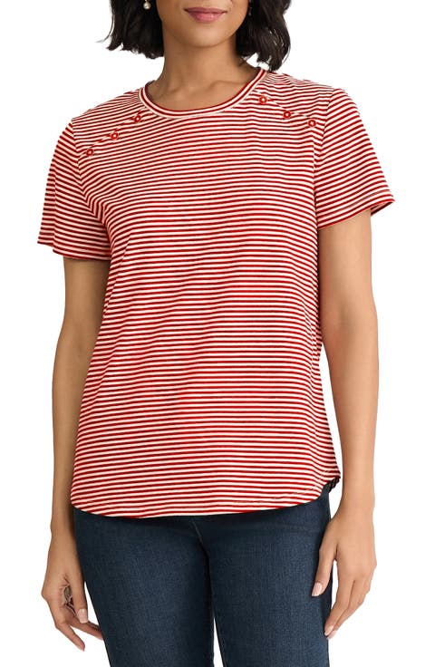 Button Shoulder Stripe Stretch Cotton T-Shirt