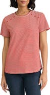 Jones New York Button Shoulder Stripe Stretch Cotton T-Shirt