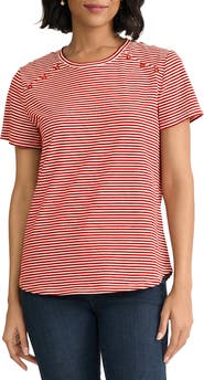 Jones New York Button Shoulder Stripe Stretch Cotton T-Shirt