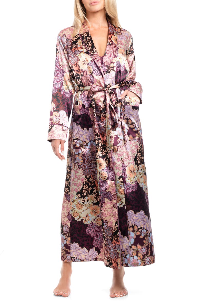 In Bloom by Jonquil Anna Print Satin Robe, Main, color, Plum