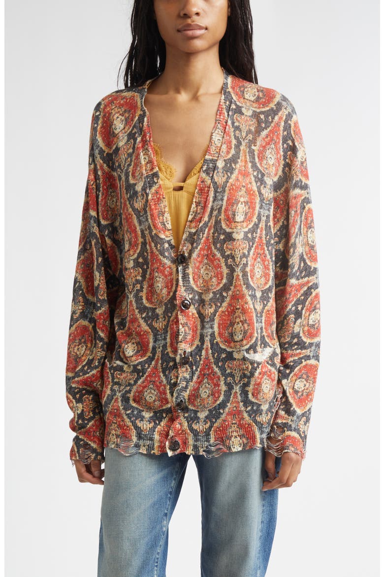 Print Linen Boyfriend Cardigan, Main, color, BLACK/ RED MULTICOLOR