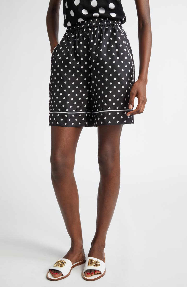 Dolce&Gabbana Polka Dot Silk Pajama Shorts, Main, color, Nero