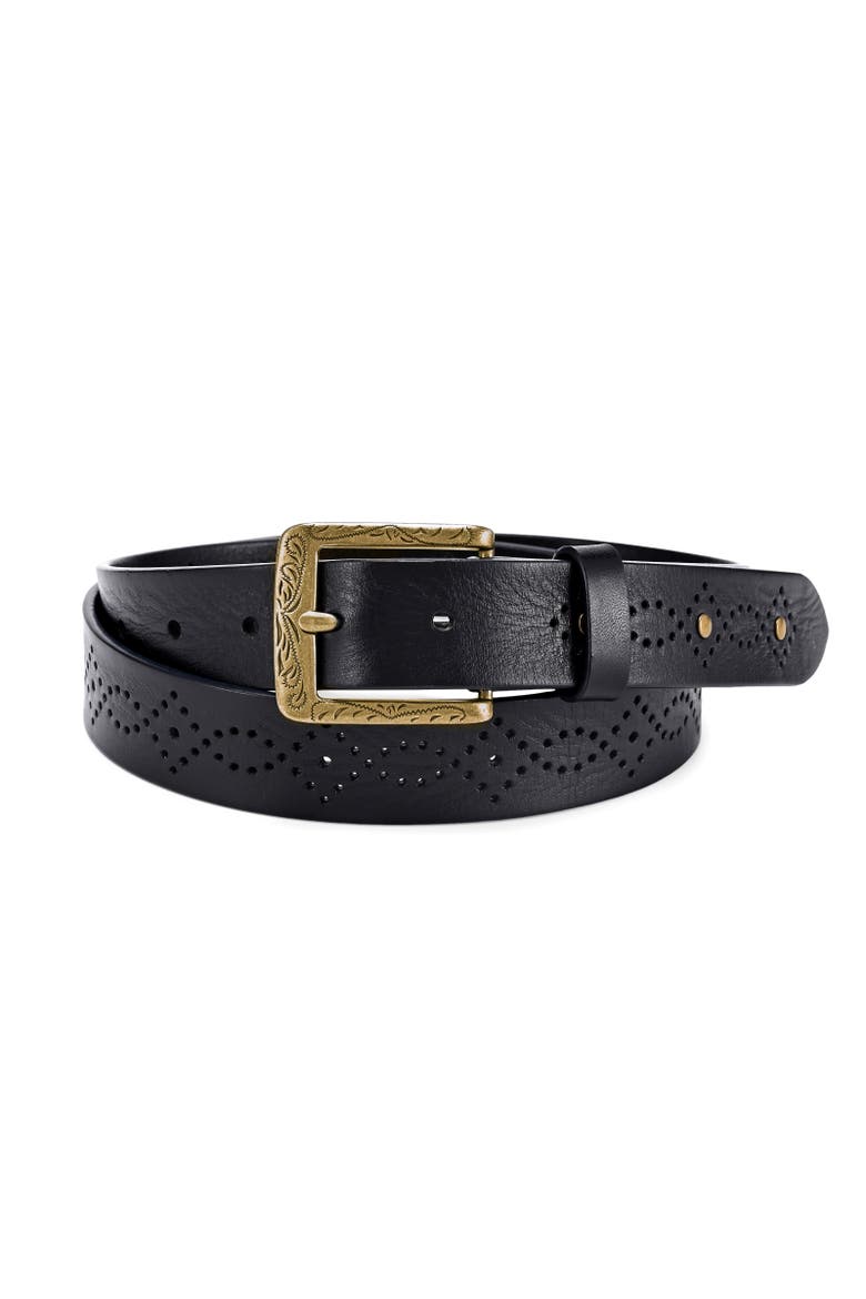 Daisy Genuine Leather Perforated Floral Detail Belt, Main, color, Black