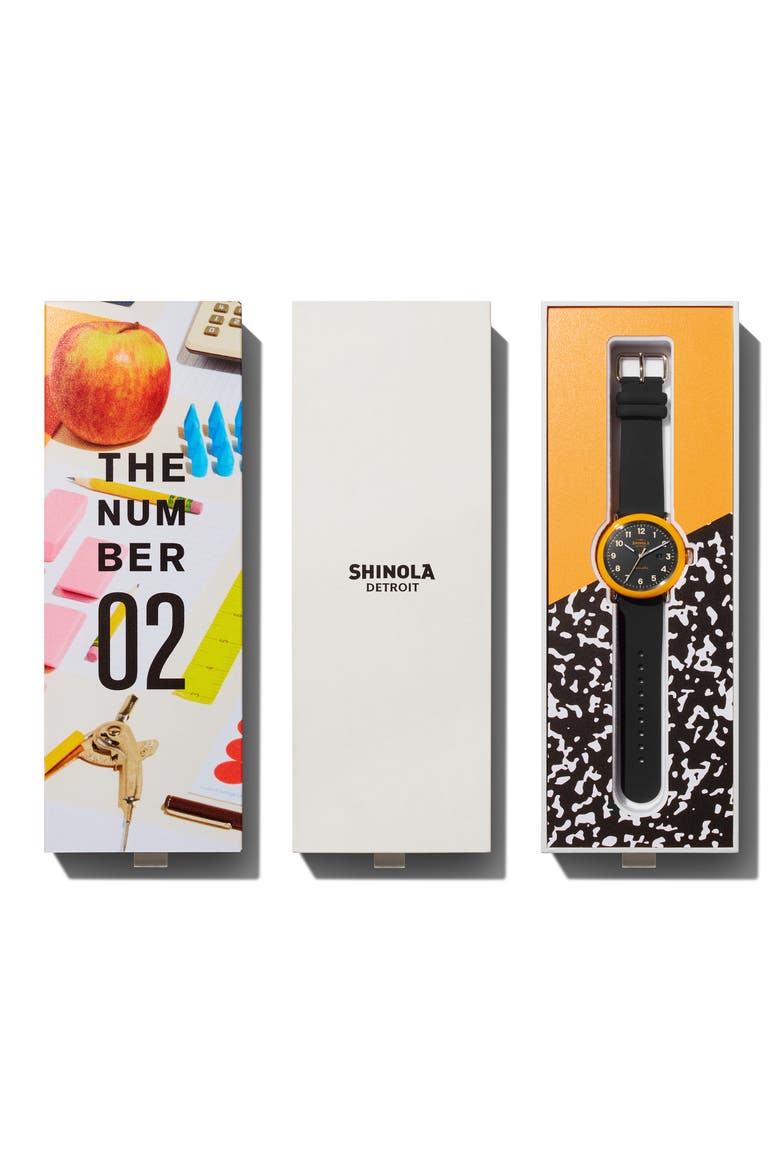 Detrola No.2 Silicone Strap Watch, 43mm, Alternate, color, BLACK/ ORANGE/ SILVER