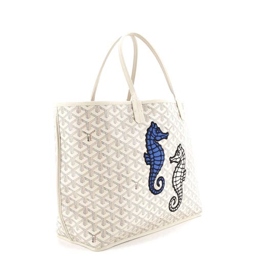 Pre-owned Goyard  Goyard Anjou Reversible Tote Embroidered Coated Canvas Pm In White