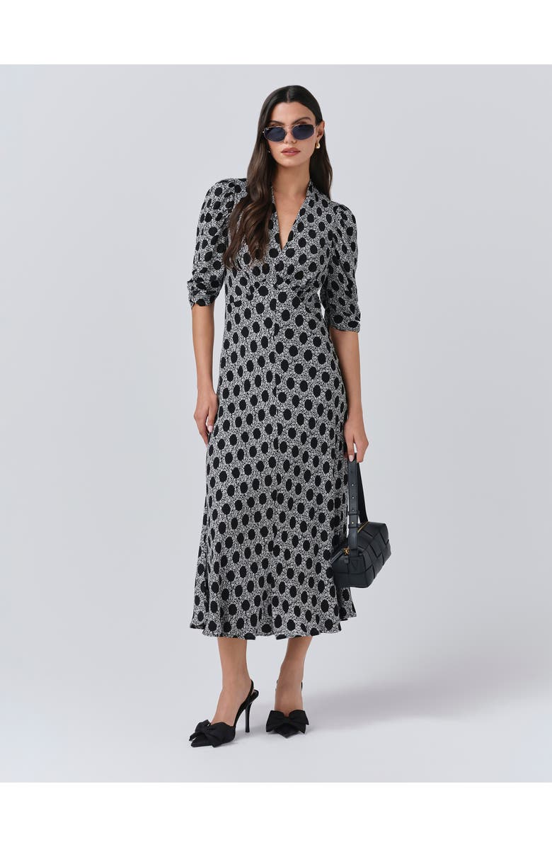 Ghost London Mia Crepe Floral Midi Tea Dress, Main, color, Black Spot Floral