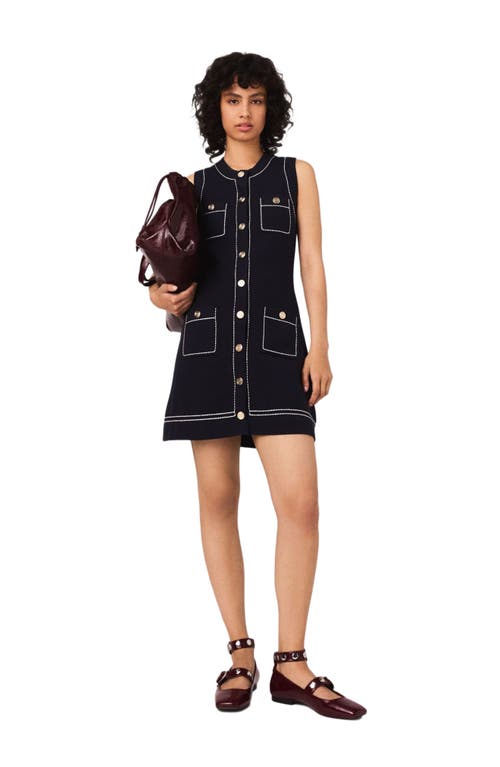 Maje Womens Navy Topstitched Patch-pocket Cotton-blend Mini Dress In Blue