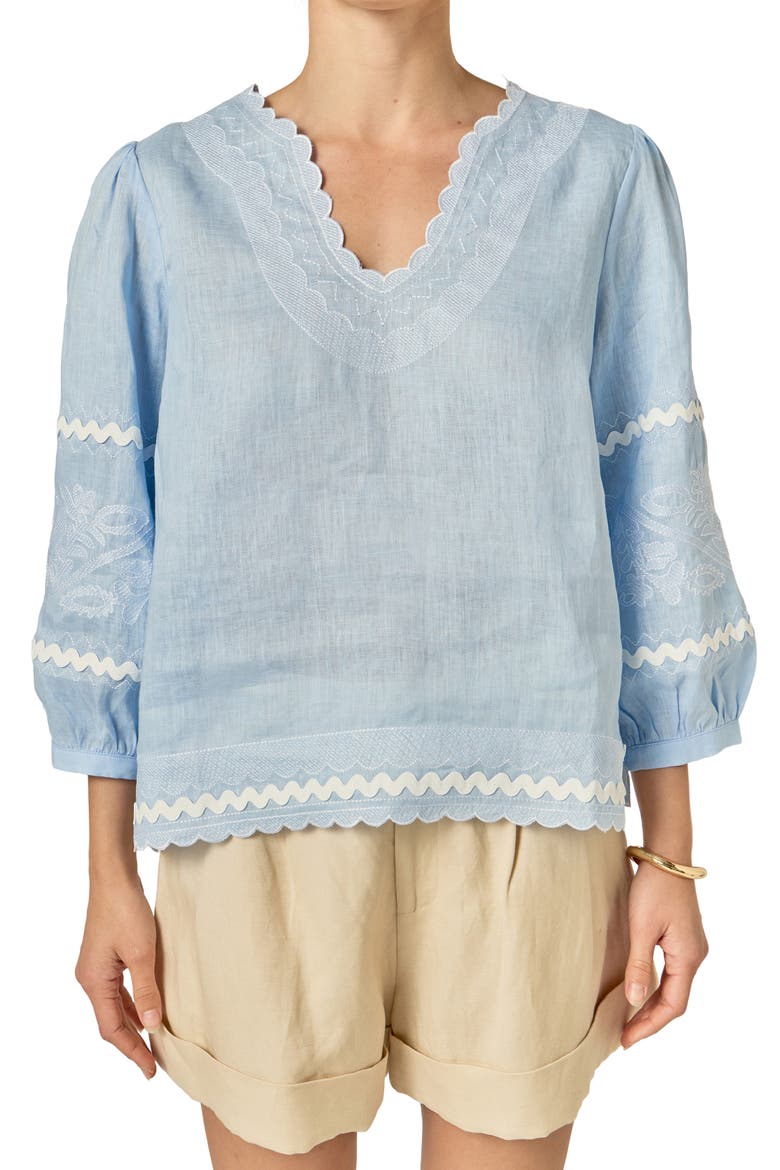 Rickrack Trim Embroidered Balloon Sleeve Linen Top, Alternate, color, POWDER BLUE