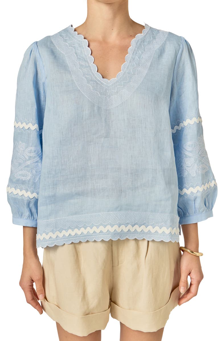 English Factory Rickrack Trim Embroidered Balloon Sleeve Linen Top, Alternate, color,