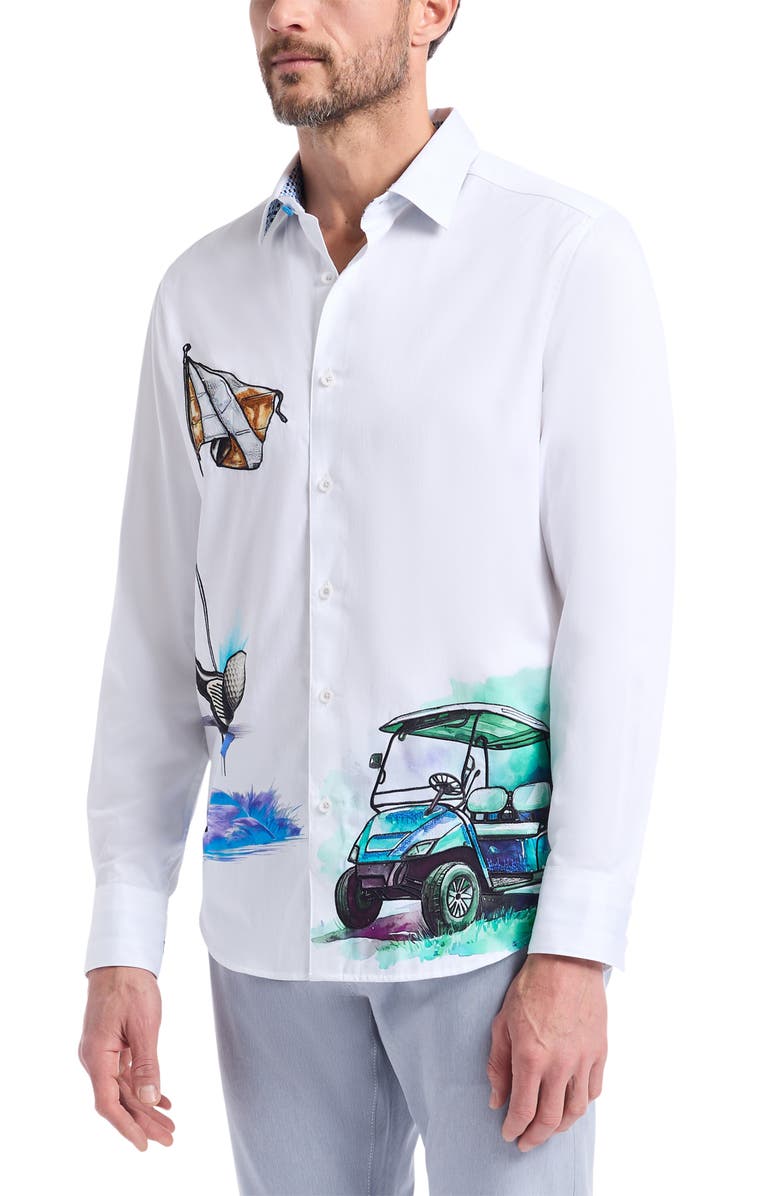 Robert Graham Genesis Golf Print Button-Up Shirt, Alternate, color, White