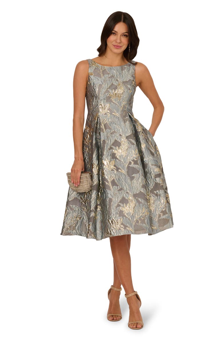 Adrianna Papell Metallic Leaf Jacquard Fit & Flare Cocktail Dress, Alternate, color, 