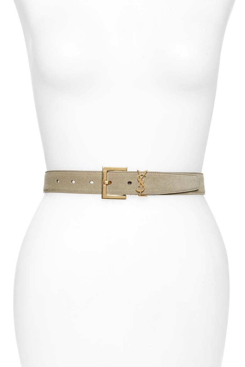 YSL Logo Suede Belt, Main, color, LIGHT GREGE/ GOLD