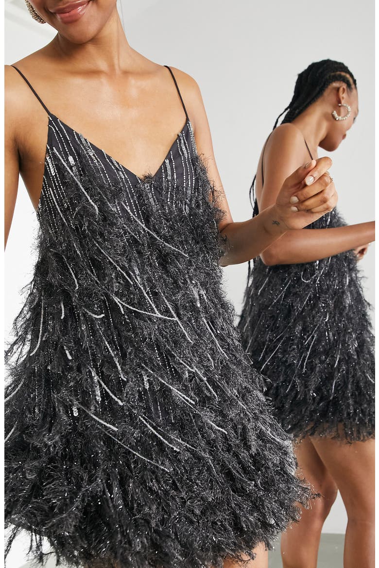 Sequin & Faux Feather Minidress, Alternate, color, CHARCOAL