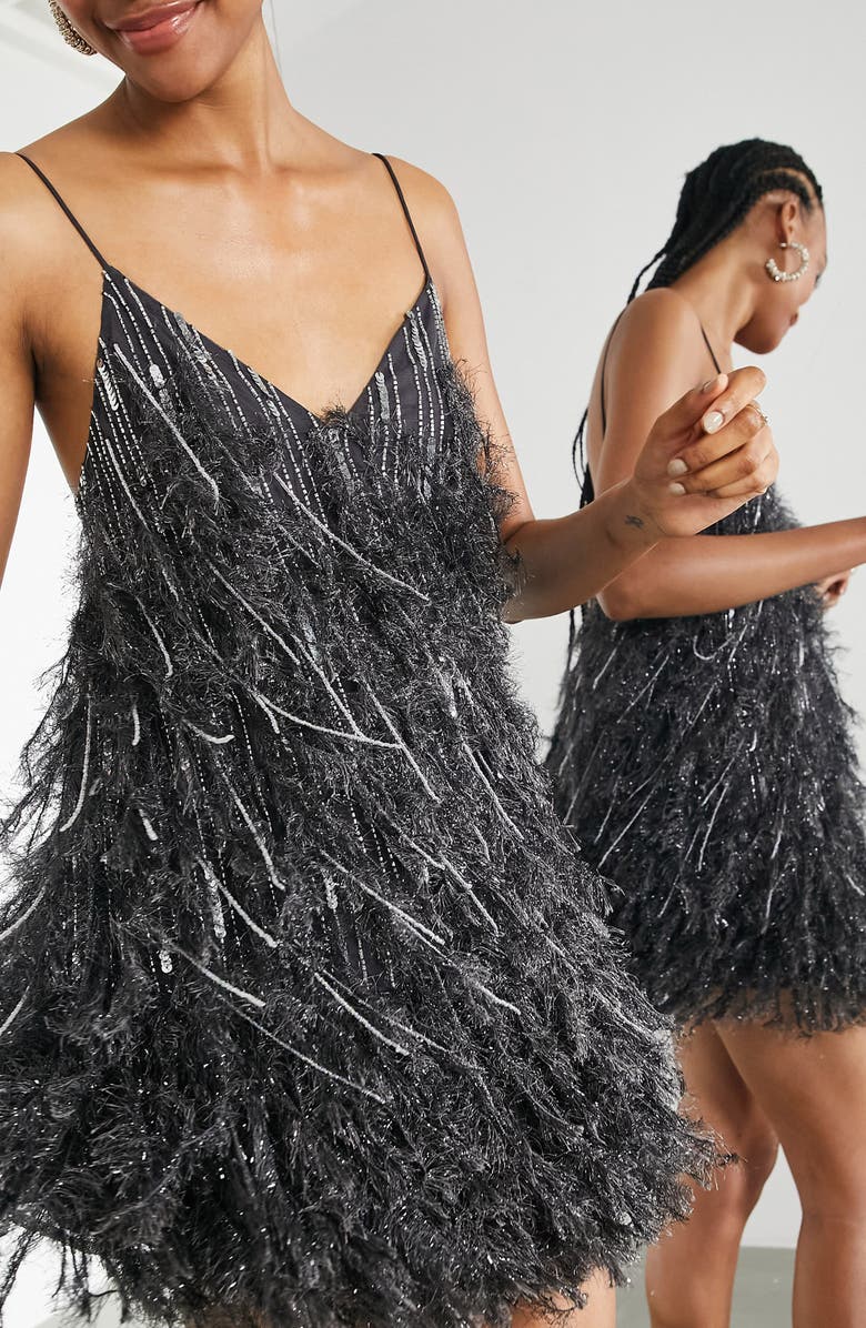 ASOS DESIGN Sequin & Faux Feather Minidress, Alternate, color, 