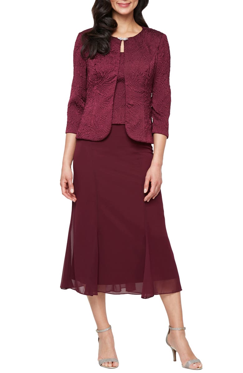 Alex Evenings Textured Jacquard Mock Two-Piece Cocktail Dress with Jacket, Main, color, Wine