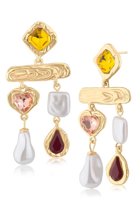 Crystal & Faux Pearl Double Drop Chandelier Earrings