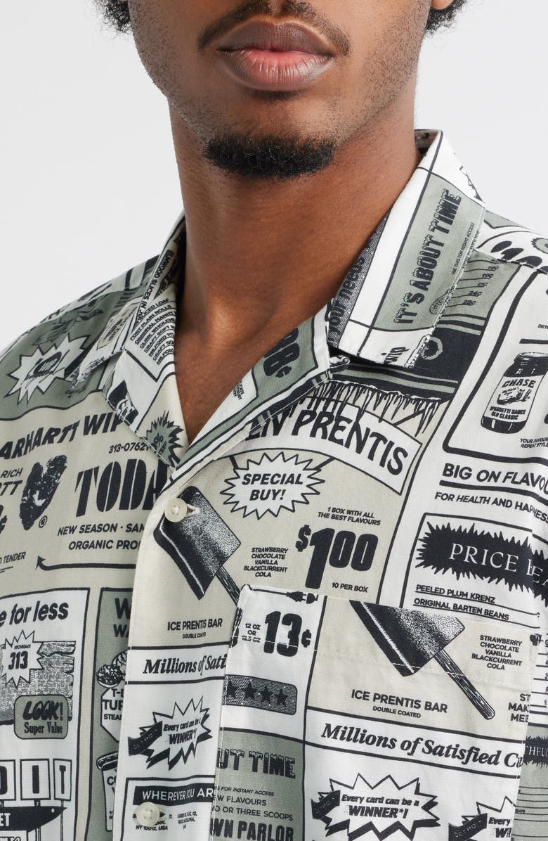 Carhartt Work In Progress Catalogue Newspaper Print Cotton & Linen Camp Shirt, Alternate, color, Catalogue Print Neutral