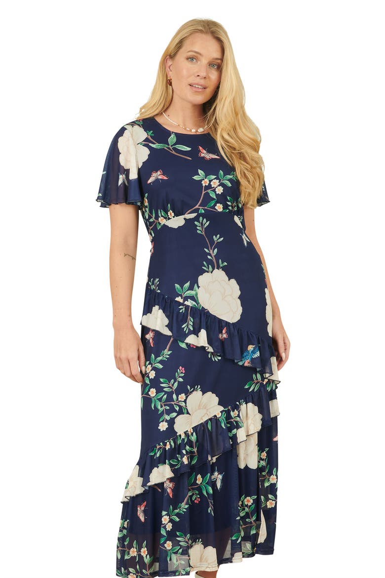 Mesh Bird And Floral Print Midi Dress, Alternate, color, Navy