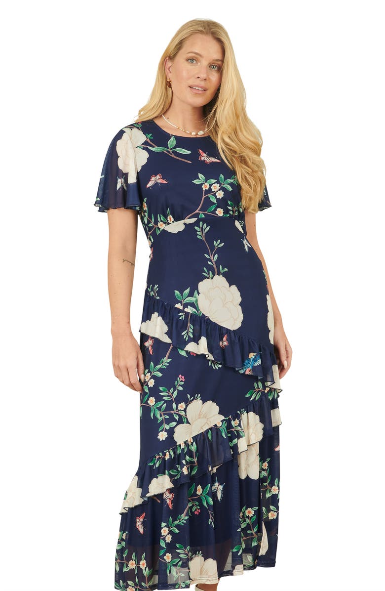 Yumi Mesh Bird And Floral Print Midi Dress, Alternate, color, Navy