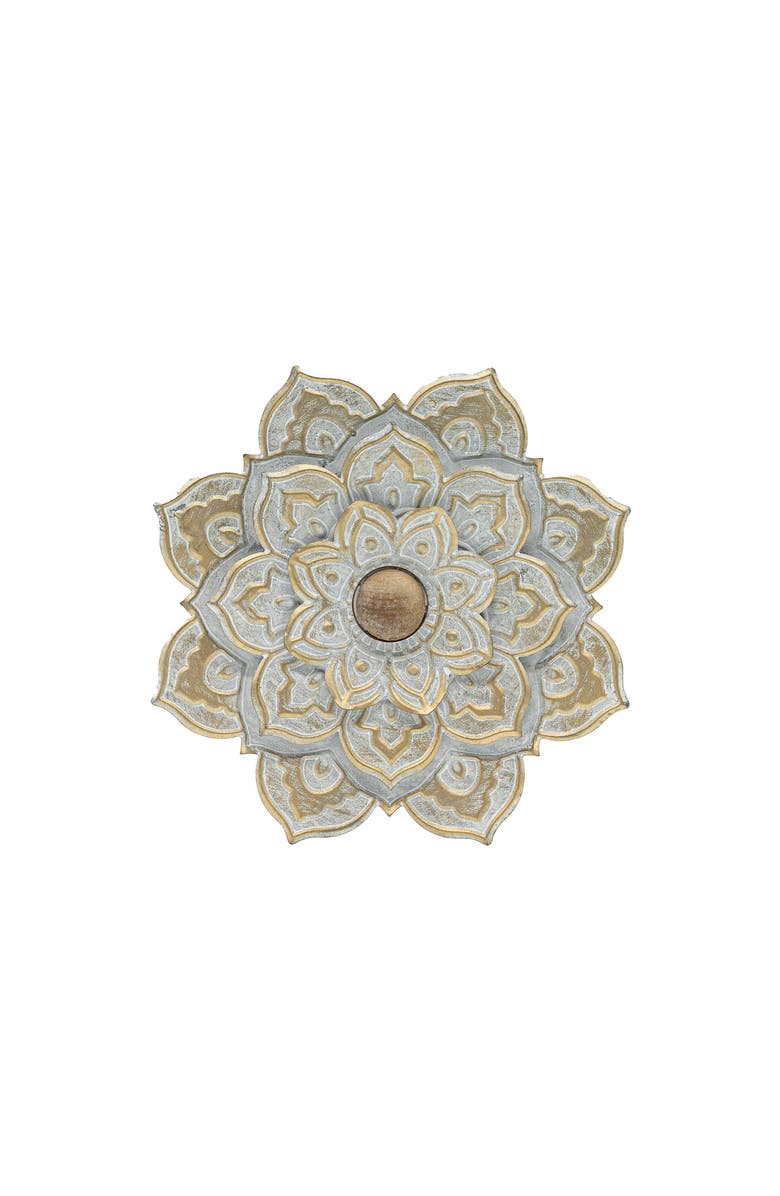Foreside Home and Garden Small 8 x 8 inch Distressed Patina Metal Layered Flower Wall Décor, Main, color, Silver