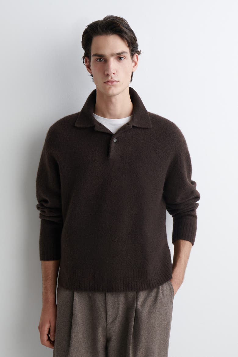 Brushed-Wool Polo Shirt, Main, color, DARK BROWN