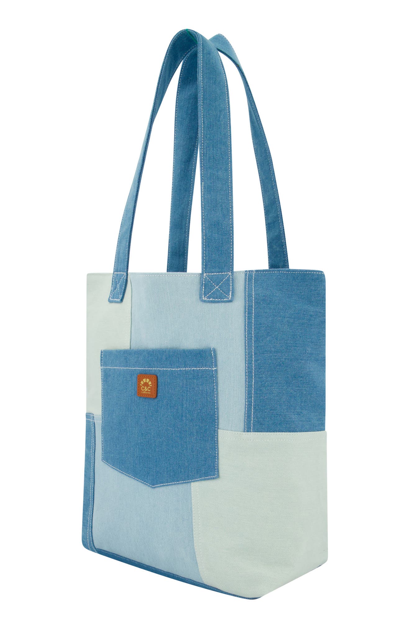C & C California Denim Patchwork Tote Bag, Alternate, color, Blue