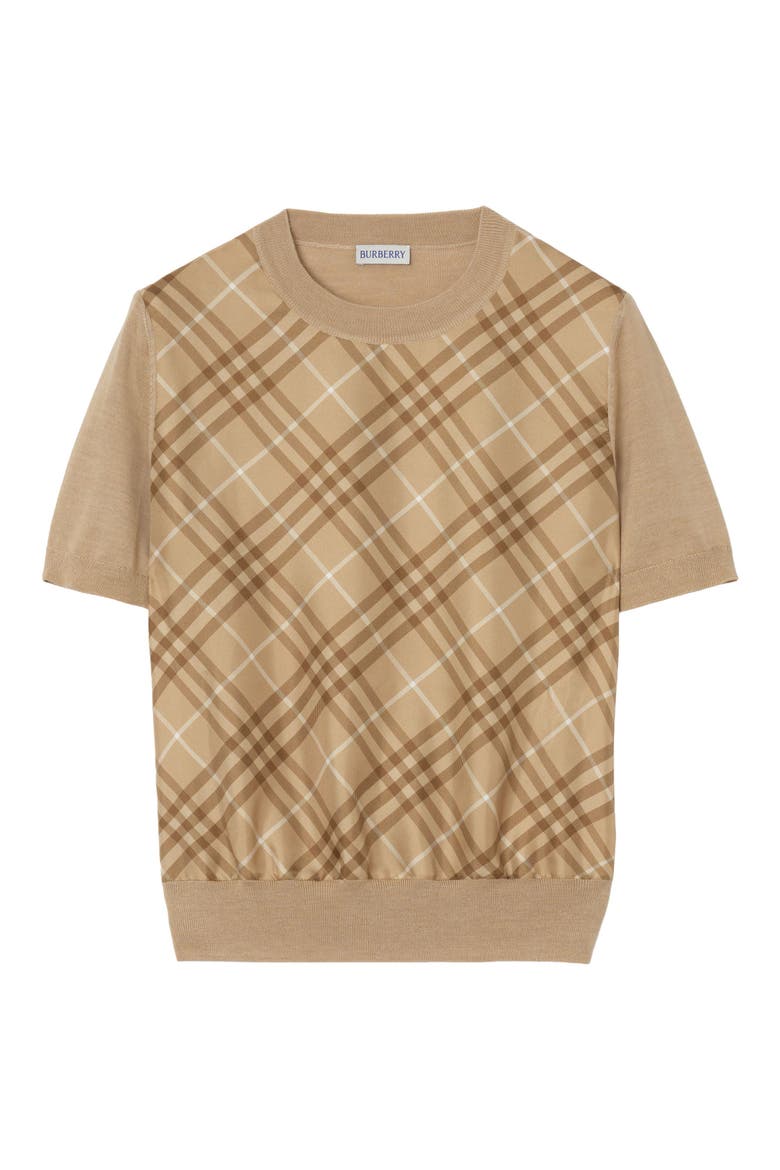 Sandrina Scarf Front Short Sleeve Wool & Silk Crewneck Sweater, Alternate, color, CAMEL