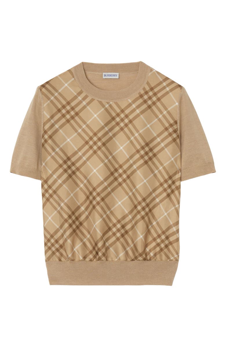Burberry Sandrina Scarf Front Short Sleeve Wool & Silk Crewneck Sweater, Alternate, color, Camel