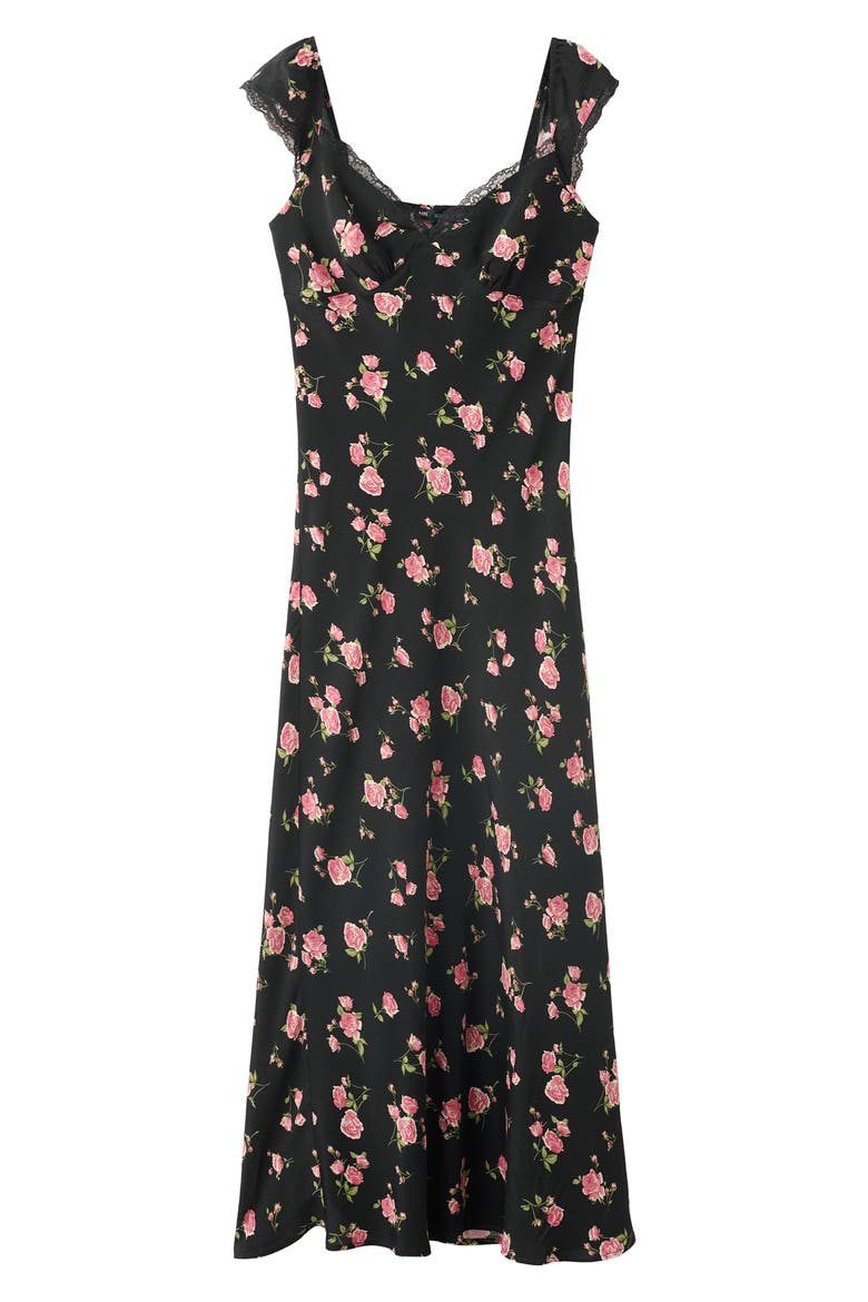 Floral Lace Trim Midi Dress, Alternate, color, BLACK