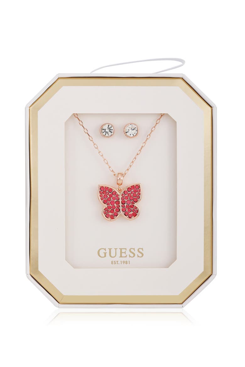 Butterfly Pendant Necklace & Stud Earrings Set, Main, color, ROSE GOLD
