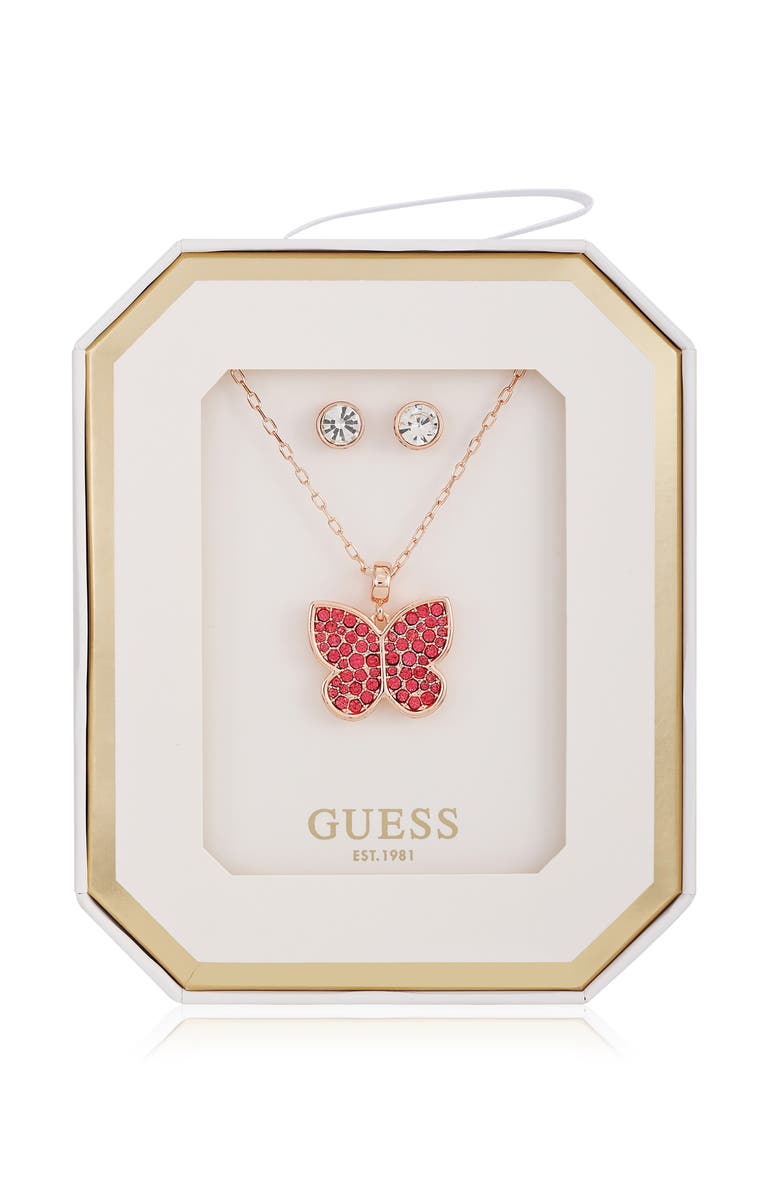 GUESS Butterfly Pendant Necklace & Stud Earrings Set, Main, color, Rose Gold