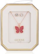 GUESS Butterfly Pendant Necklace & Stud Earrings Set