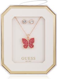 GUESS Butterfly Pendant Necklace & Stud Earrings Set