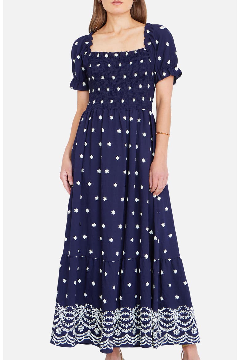 Border Hemline Smocked Maxi Dress, Alternate, color, Navy