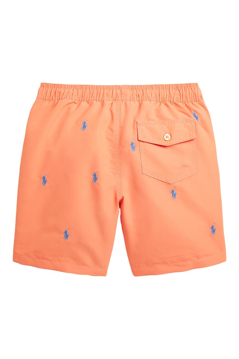 Kids' Traveler Embroidered Pony Recycled Polyester Swim Trunks, Alternate, color, POPPY